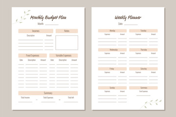 Monthly and weekly budget planner. Personal planner template in minimalistic style and pastel colors. Vector