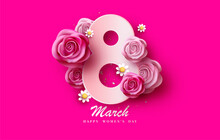 International Womens Day March 8 With Paper Cut 3D Numbers Decorated With Flowers