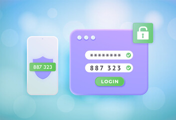 Wall Mural - 2fa 2-step authentication 3d vector concept. two steps verification sms code with password for secur