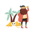 Vector composition of a pirate with a spyglass on an island with palm