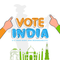 Sticker - Vote India, It's Your Right And Responsibility Text With Voter Hands And Doodle Style Famous Monument On Silhouette India Map White Background.