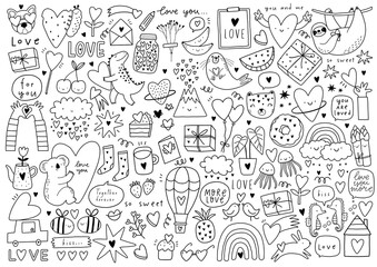 Cute Valentine's Day coloring page in doodle style. Vector Coloring poster with heart, star, flovers, cars, rainbow, cloud, bunny, cake, lettering, sloth, coala and designs elements