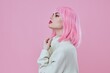 © SHOTPRIME STUDIO - Beautiful fashionable girl modern style pink hair Red lips fashion color background unaltered