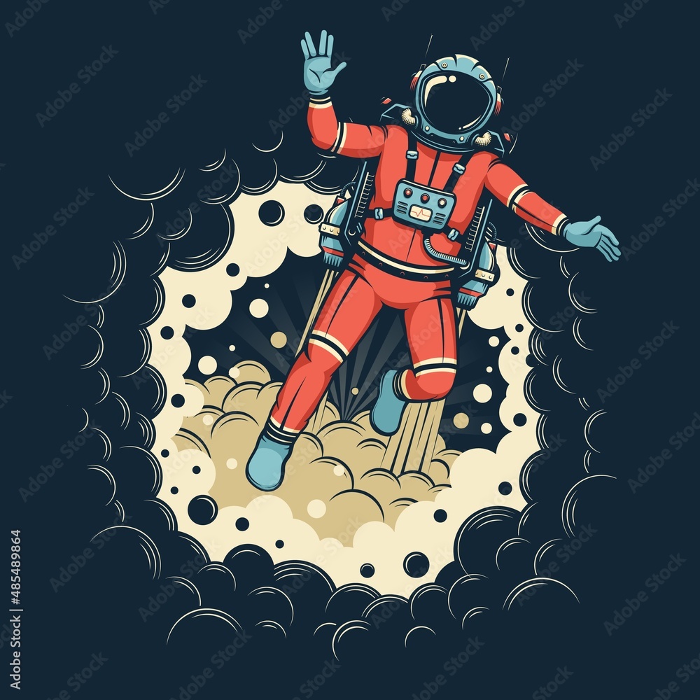Vector de Stock Astronaut in spacesuit with jetpack flies out of black hole  - vector image. Astronaut in retro style with Vulcan salute. | Adobe Stock, image size:1000x1000