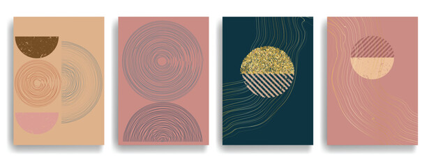 Modern poster with minimalist design elements . Grunge textured circles in Boho art style  . Wall art , home deco . Vector abstract shape.