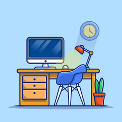 workspace computer with lamp and plant cartoon vector icon illustration. workplace technology icon c