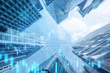 Fototapete - Creative glowing big data forex candlestick chart on blurry city background. Trade, technology, investment and analysis concept. Double exposure.