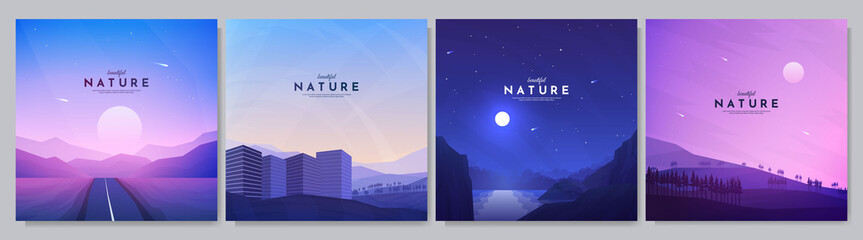 Wall Mural - Vector illustration. Flat background set. Minimalist style. Geometric polygonal design landscape. Evening highway, city building, night scene, forest. Design for web banner, social media template