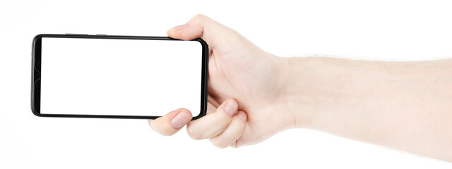 Male hand holding the black new smartphone with blank screen isolated white background. Man hands using phone clipping path. blank for designer