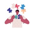 Business person finding idea and opportunity. Man connecting puzzle, jigsaw pieces, solving problem. Creative solution and intuition concept. Flat vector illustration isolated on white background