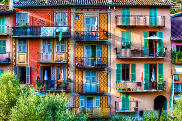 Poster - Colorful Facades with Balconies in Sospel, Provence, France