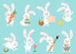 © MicroOne - Easter bunny. Modern egg, bunnies for kids standing with placard. Rabbit or hare, spring festive animal with flower and chick. Cartoon holiday decent vector character