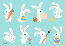 Easter Bunny. Modern Egg, Bunnies For Kids Standing With Placard. Rabbit Or Hare, Spring Festive Animal With Flower And Chick. Cartoon Holiday Decent Vector Character