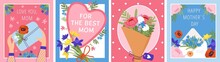 Mother Day Floral Cards. Flower Card With Bouquet And Hands. Happy Surprise For Mom, Fun Poster With Spring Summer Garden Plants. Gift Postcards Decent Vector Set