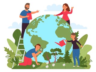 Sticker - Eco world concept. People care earth, environment and nature. Protect and love natural life. Woman and man support green forest, decent vector scene