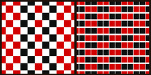 Set Of Vector Patterns. Black And Red Squares Are Staggered And Vertical. White Isolated Background. 
