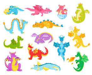  Cartoon dragons, funny fantasy reptiles. Colorful dinos for kids fairytale. Magic characters from medieval mythology or legends breathing fire, flying and sleeping. Cute creatures vector set