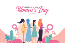 International Women's Day A Diverse Group Of Women Are Lined Up Between Female Symbol Vector Design