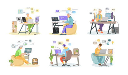 Programmer engineering and coding. Programmer working on code for web app development on computer. Concept of script coding and programming in php, javascript, python languages. Software developers