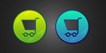 Green And Blue Shopping Cart Icon Isolated On Black Background. Online Buying Concept. Delivery Service Sign. Supermarket Basket Symbol. Vector