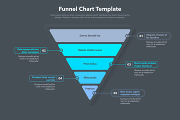 Leinwandbilder - Funnel chart template with five colorful steps - dark version. Easy to use for your website or presentation.
