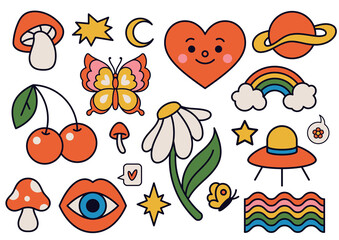 Cute funky hippy stickers. Retro 70s vibe, psychedelic groovy elements as mushroom, flower, rainbow and ufo spaceship. Cartoon vintage butterfly, cherry and heart isolated vector set