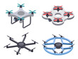 Isometric drone. Unmanned aircrafts with camera for monitoring or video filming. Flying remote quadcopter with propellers. Modern air delivery transport, automatic device isolated vector set