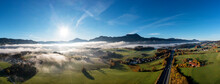 Austria, Upper Austria, Mondsee, Drone Panorama OfSalzkammergut At Foggy Autumn Sunrise