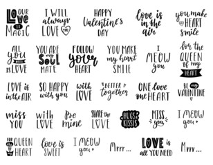 Wall Mural - A set of handwritten words and phrases for the design of Valentine's Day cards. Hand lettering. Black and white hand-drawn vector silhouettes isolated on a white background.