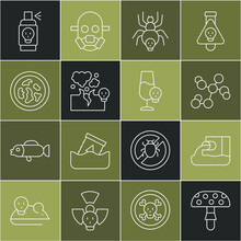 Set Line Fly Agaric Mushroom, Wastewater, Chemical Formula, Poisonous Spider, Cloud Of Gas Smoke, Petri Dish With Bacteria, Spray Against Insects And Poisoned Alcohol Icon. Vector