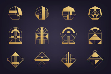 Wall Mural - Vector set of abstract geometric logos. Art deco, hipster, golden line style. Circle, triangle, polygon linear shapes. Aztec, magic, esoteric icons, sacred geometry.