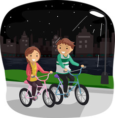 Canvas Print - Stickman Couple Night Park Ride Bike Illustration