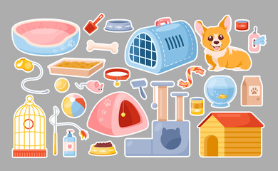 Pet care sticker. Vector animal accessories, toys, food, bowl, care items, supplies, snacks. Products for parrot, cat and dog in cartoon style. Domestic pet concept for vet store, shop, grooming