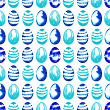 Seamless Pattern: Hand Drawn Watercolor Easter Eggs In Blue Colors On White. Holiday Design For Textile, Wrapping Paper, Wallpaper.