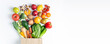 Healthy food background. Healthy vegan food in paper bag vegetables and fruits on white. Shopping food supermarket, food delivery, clean eating, vegetarian сoncept. Copy space