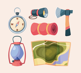 Wall Mural - Camping. Outdoor picnic equipment tools for earth exploration travellers binocular forest knife hiking items garish vector cartoon illustrations isolated