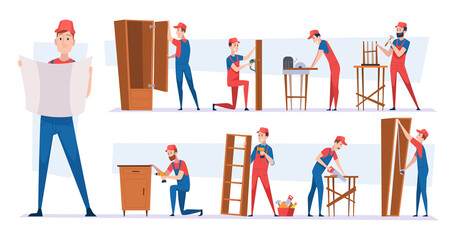 Sticker - Carpenter workers. Handyman characters installing modern wooden furniture making wardrobes tables and chairs craft team exact vector cartoon illustra