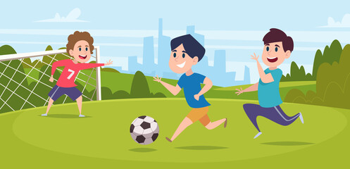 Sticker - Boys playing football. Running outdoor kids with football ball on grass exact vector cartoon background