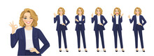 Elegant Beautiful Business Woman In Different Poses Set. Various Gestures Surprised, Pointing, Standing With Crossed Hands, Showing Thumb Up And Ok Sign Isolated Vector Ilustration
