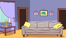 The Interior Of The Living Room. Comfortable Beige Sofa, With Yellow Pillows, Wardrobe With Cup, Décor, Doors. A Scene From The Passage Room. Vector Illustration In The Style Of Comics.