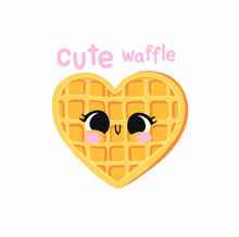 Digital Cartoon Print. Cute Heart-shaped Viennese Waffle With Big Eyes Smiling. Cute Waffle. Flat Design.Hand Drawn . You Can Use It As A Print On Clothes, Poster Or Whatever You Want!