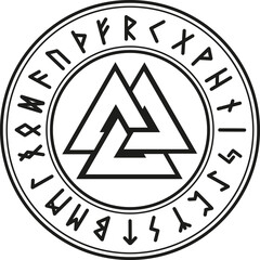 Wall Mural - Ancient Scandinavian symbol valknut sign knot of fallen warriors well as the sign of Odin surrounded by runes