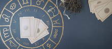 Astrology. Astrologer Calculates Natal Chart And Makes A Forecast Of Fate.Tarot Cards, Fortune Telling On Tarot Cards Magic Crystal, Occultism, Esoteric Background. Fortune Telling,tarot Predictions.
