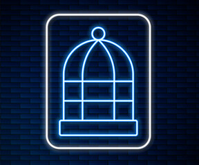 Wall Mural - Glowing neon line Cage for birds icon isolated on brick wall background. Vector