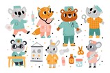 Fototapeta Pokój dzieciecy - Cute animal doctors. Medical characters with different tools in uniform. Koala with first aid kit. Fox with stethoscope. Panda optometrist. Pediatrician and nurse. Vector physicians set