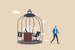 Break free, quit exhausted day job to start new business, escape for freedom, resign from toxic workplace or retirement concept, confidence businessman break free from toxic working desk bird cage.
