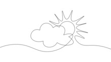 Continuous Line Sun Cloud Art. Single Line Sketch Sunny Summer Travel Concept. Icon Cloudy Sky Weather Happy Holiday Vacation Element Vector Illustration