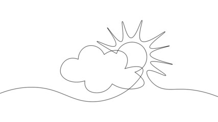 Continuous line sun cloud art. Single line sketch sunny summer travel concept. Icon cloudy sky weather happy holiday vacation element vector illustration