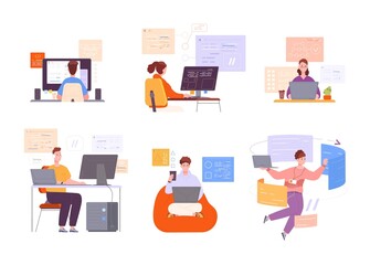 Code engineer works. Encoder programming software, computer technology web development, laptop language program html java php python, internet backend, splendid vector illustration