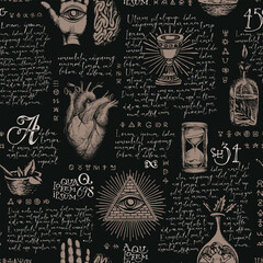 Wall Mural - Abstract seamless pattern on the theme of occultism, alchemy, esoteric and witchcraft in vintage style. Hand-drawn vector background with sketches and handwritten text lorem ipsum on a black backdrop